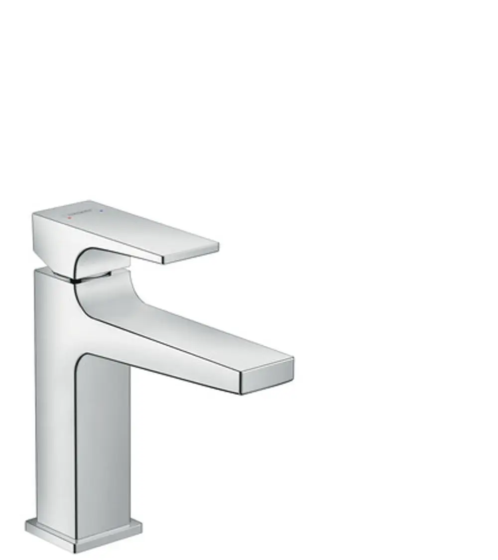 Einhebel-Waschtischmischer in Chrom von Hansgrohe mit Hebelgriff und integriertem Zugstangen-Ablaufsystem. Geometrisches Design, geeignet für moderne Badezimmer.